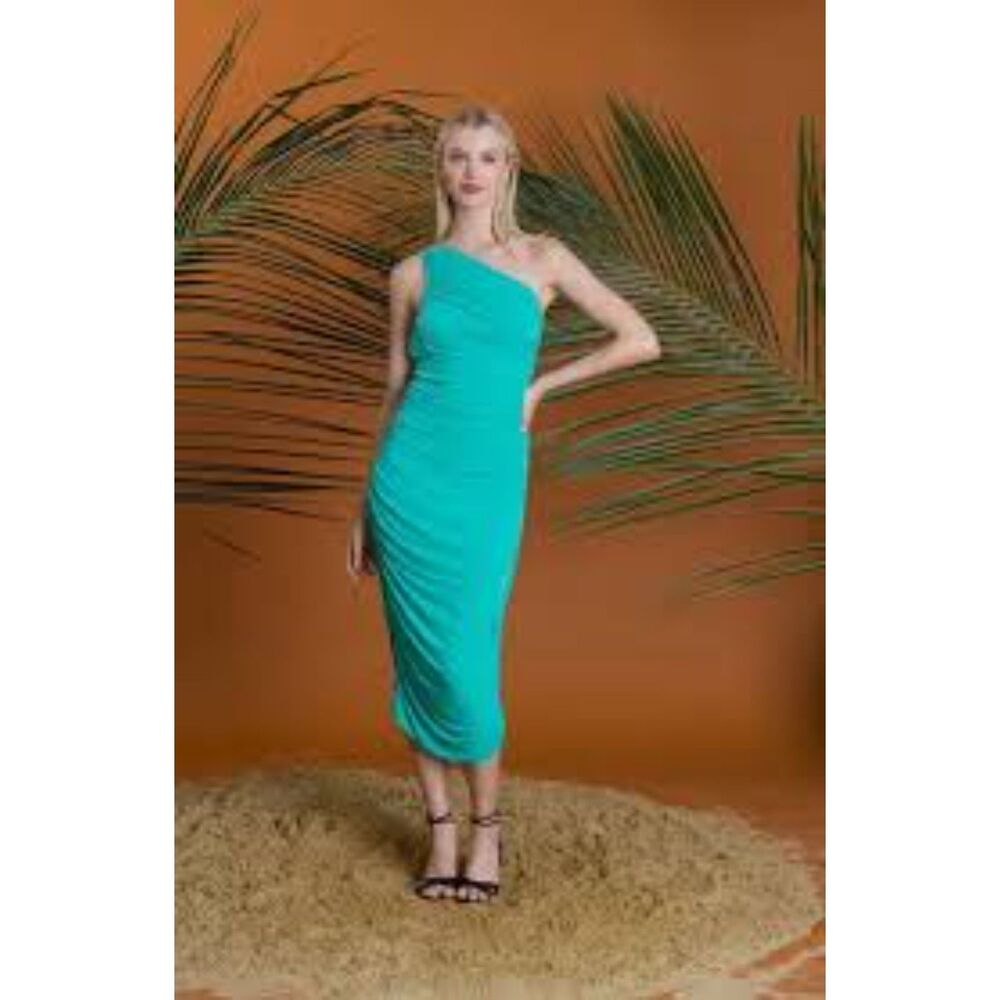 New NWT Green Maggy London Ruched One Shoulder Midi Sheath Dress 14